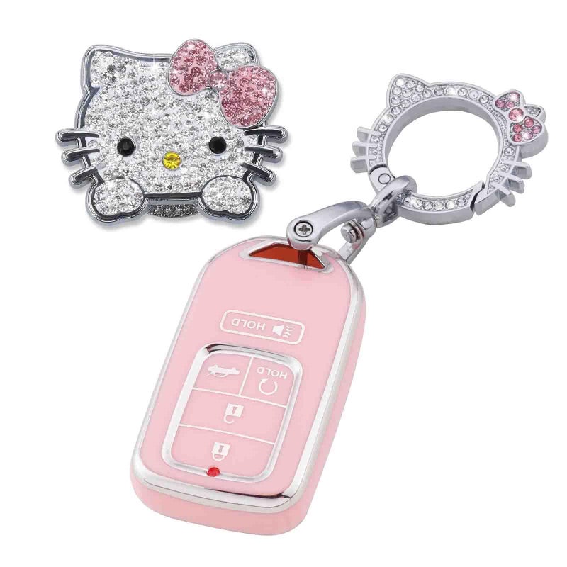 Pangpai Pink Car Accessories 3 Pcs for Honda Accord Civic CRV Pilot Odyssey Key Fob Cover with Bling Keychain Cute Push to Start Button Cover - Image 1
